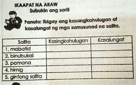 Panuto Ibigay Ang Kasingkahulugan At Kasalungat Ng Mga Sumusunod Na