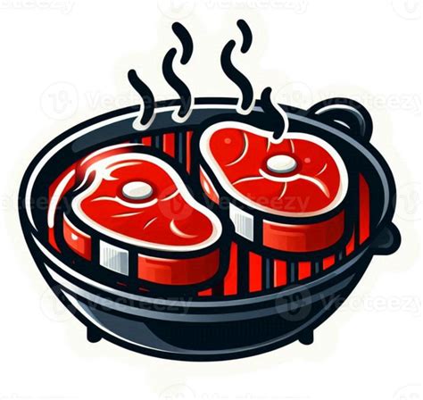 Steaks sizzle on a red grill. icon, sticker, transparent design ...