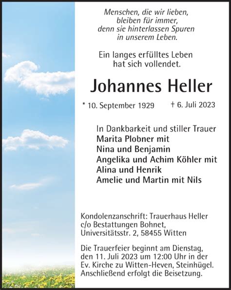 Traueranzeigen Von Johannes Heller Trauer In NRW De