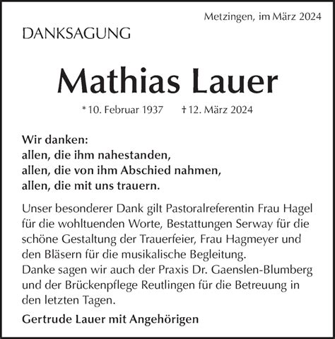 Traueranzeigen Von Mathias Lauer S Dwest Presse Trauer