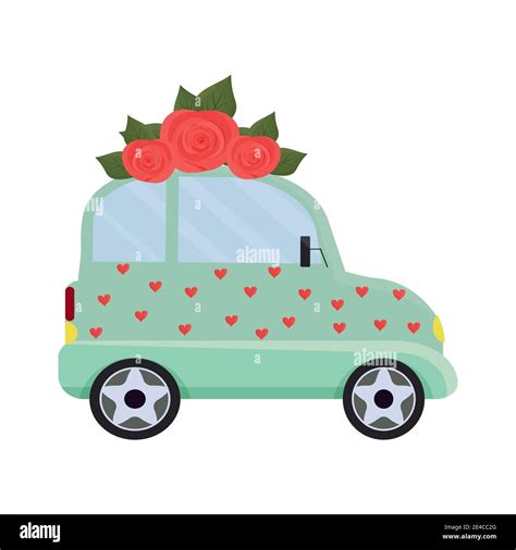 Cute funny car with hearts and flowers roses isolated on white ...