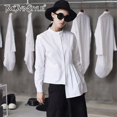 Twotwinstyle White Womens Shirt Patchwork Irregular Ruched Plus Size