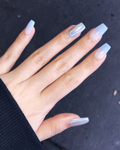 Short Acrylic Nails Blue Ombre 24pcs Light Blue Grey Plaid Check