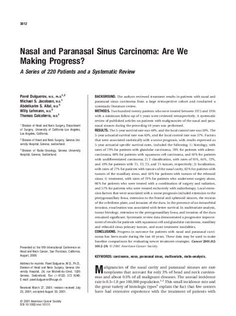 Pdf Nasal And Paranasal Sinus Carcinoma Are We Making Progress