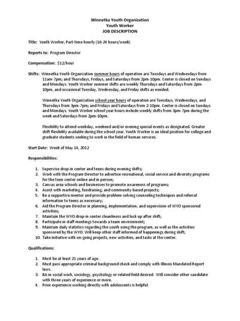 Youth Worker Job Description Summer 2012 Pdf Workweek And Weekend Adolescence