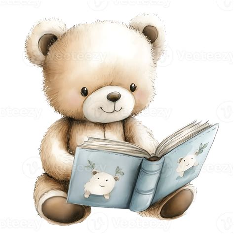 Teddy Bear Reading A Book With Pastel Blue Watercolor Good For Nursery