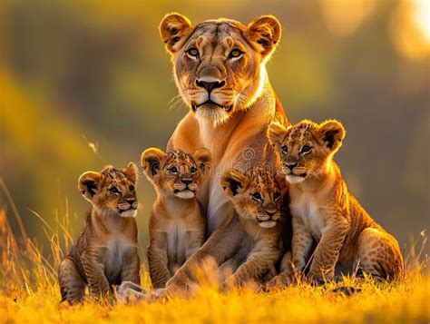 A Mother Lion And Her Cubs Sitting In The Grass Stock Image Image Of