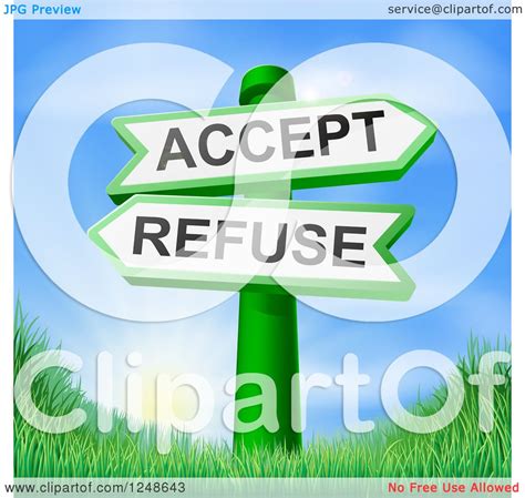 Clipart Of 3d Accept Or Refuse Arrow Signs Over Hills And A Sunrise