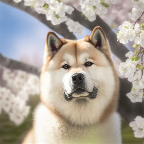 Encantador Retrato Realista De Akita Inu Con Flores Y Fondo Al Aire