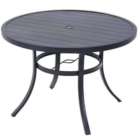 Mondawe Round Composite Outdoor Dining Table Black Embossed Woodgrain