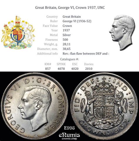 Great Britain George VI Crown 1937 UNC ENumis Shop