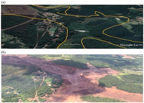 Brumadinho/MG -before (a) and after (b) the dam collapse. Source ...