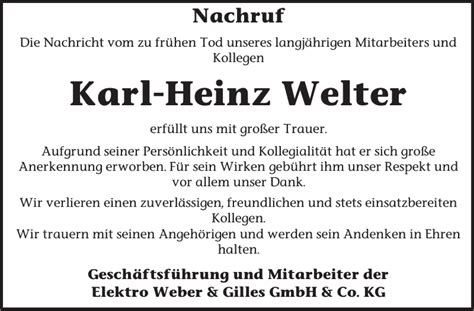 Traueranzeigen Von Karl Heinz Welter WochenSpiegel Trauer