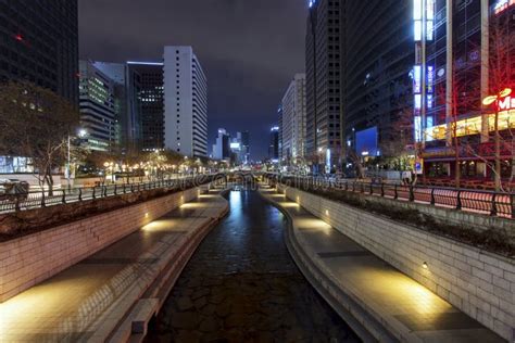 Cheonggyecheon Stream Park At Night Editorial Stock Image - Image of ...