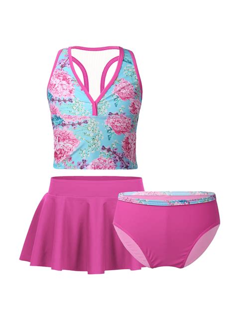 Iefiel Iefiel Girls Floral Tankini Set With Skirt 3pcs Set Swimsuit