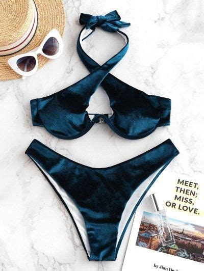 ZAFUL Halter Crossover Underwire Velvet Bikini Swimsuit In 2020