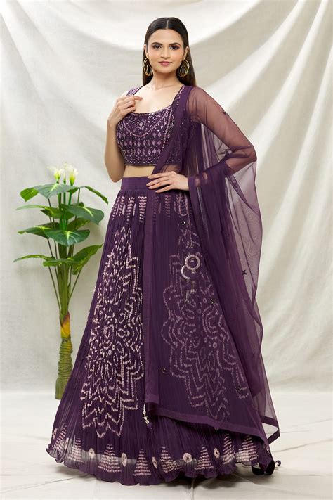 Buy Purple Raw Silk Printed Bandhani Round Lehenga Set For Women By