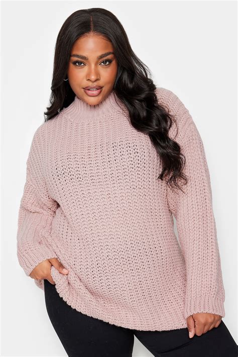 Yours Curve Pink Funnel Neck Oversized Knitted Jumper Yours Clothing