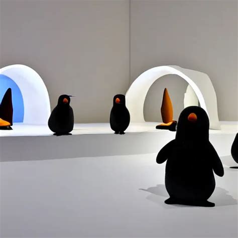 Pingu Visits An Art Exhibition Sculptures White Stable Diffusion