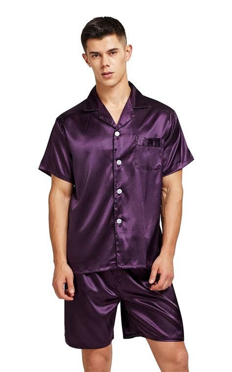 Men's Silk Satin Pajama Set Short Sleeve-Dark Purple with Black Piping ...