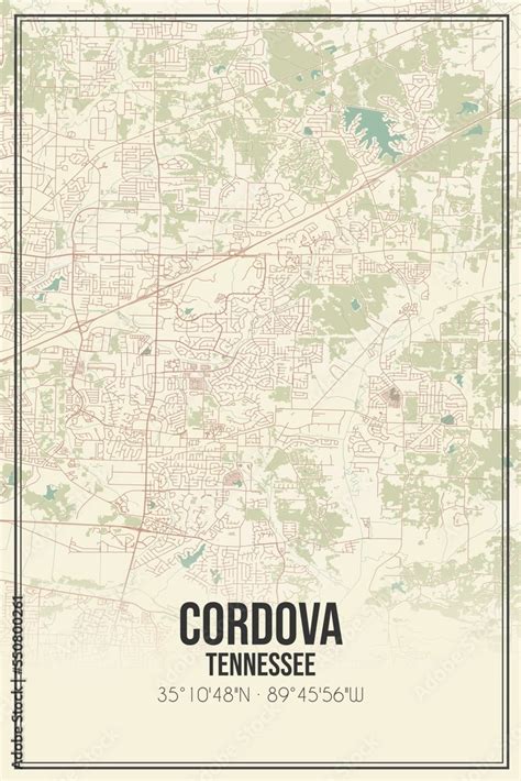 Retro US city map of Cordova, Tennessee. Vintage street map. Stock ...