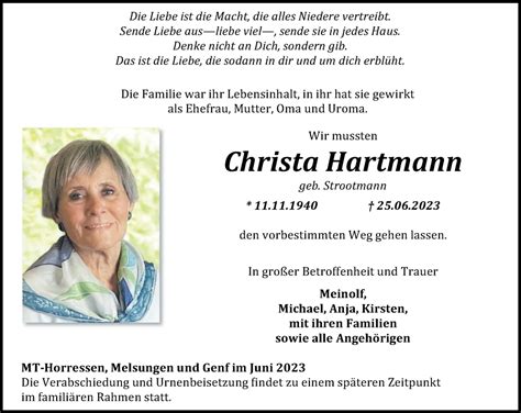 Traueranzeigen Von Christa Hartmann Rz Trauer De