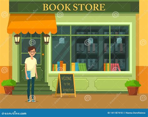 Bookshop Showcase With Literature And Young Buyer Stock Vector