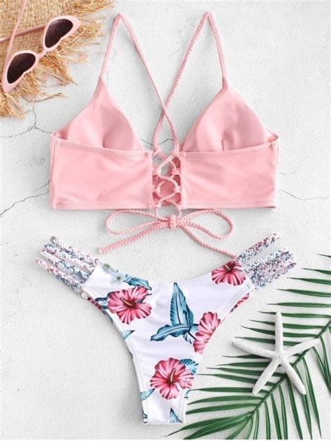 ZAFUL Lace Up Braided Flower Bikini Set BRIGHT YELLOW DEEP GREEN DENIM