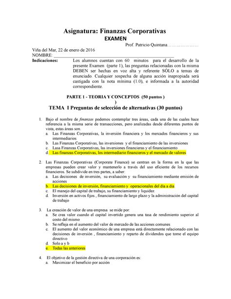 Examen 6 Marzo 2020 Preguntas Y Respuestas Asignatura Finanzas