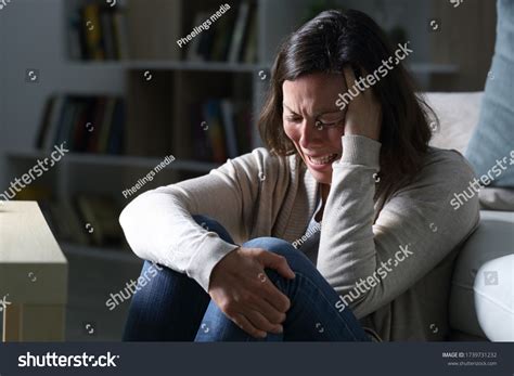 Sad Middle Age Woman Crying Sitting Stock Photo Shutterstock