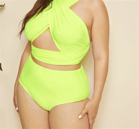 Neon Green Wrap Halter Top With High Waist Bikini Set Plus Size