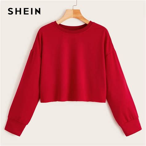 Shein Drop Shoulder Raw Hem Crop Sweatshirt Solid Pullover Women Summer