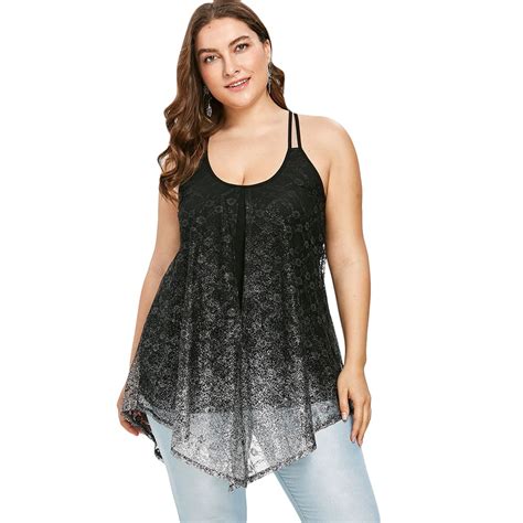 Gamiss Plus Size Glittery Split Tank Top Summer U Neck Sleeveless