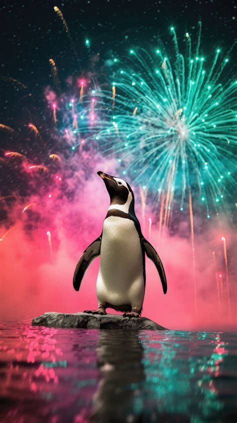 Penguin Stands Proudly Atop An Iceberg Auroras And Fireworks Painting