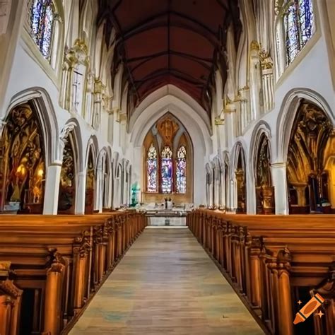 Interior Of A Beautiful Church With Sunlight Streaming Through The