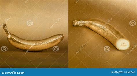 Whole and Opened Banana with Golden Peel on Gold Background Stock Image ...