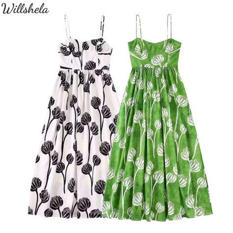 Willshela Women Fashion Floral Printed High Waist Midi Camisole Dress V