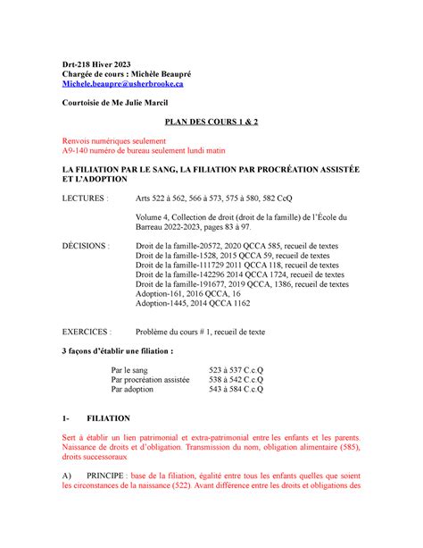 Droit de la famille Michèle Beaupré Drt 218 Hiver 2023 Chargée de