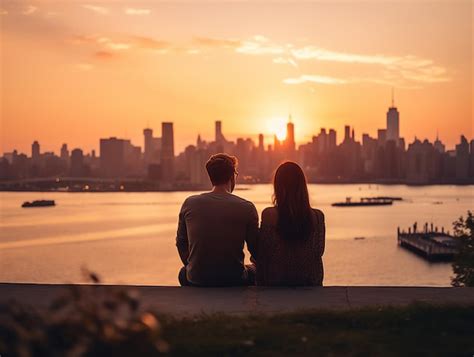 Premium AI Image | a couple sit on a pier and look at the city skyline