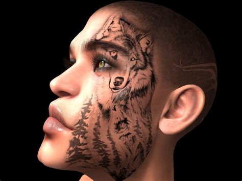 Second Life Marketplace - !! Male Head/Face Tattoo Wolf !! Style 2 Black BOM