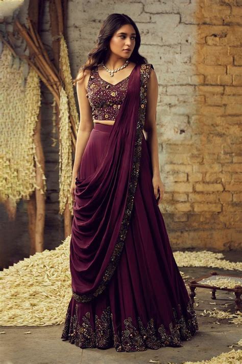 Buy Purple Crepe Hand Embroidered Pre Draped Sharara Saree With Blouse