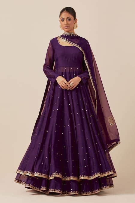 Buy Purple Chanderi Embroidered Sequin Scoop Anarkali Skirt Set For