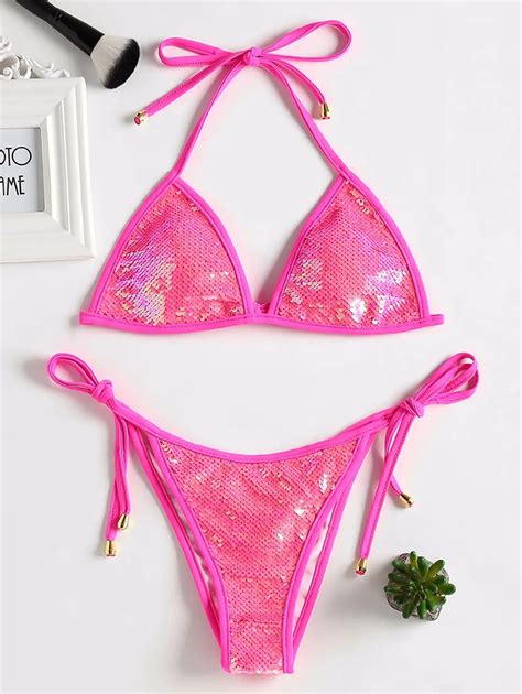 ZAFUL Sexy Swimwear Swimsuit Self Tie Sequined Halter Bikini Set Beach