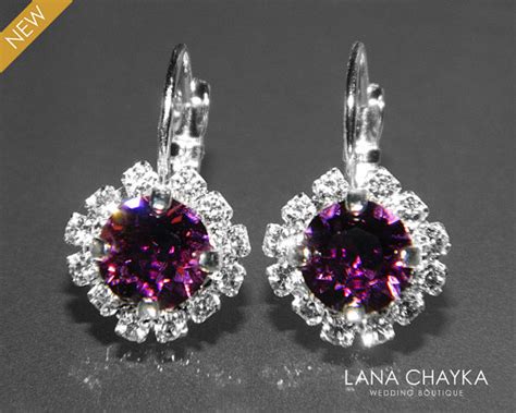 Amethyst Halo Crystal Earrings Swarovski Purple Rhinestone Sparkly Earring Hypoallergenic