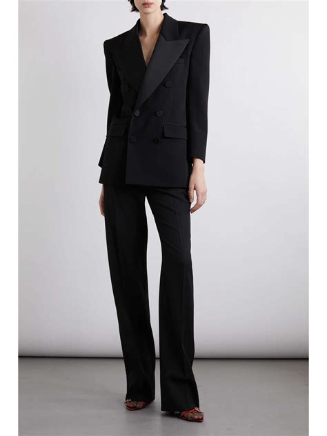 SAINT LAURENT Double Breasted Satin Trimmed Grain De Poudre Wool Blazer