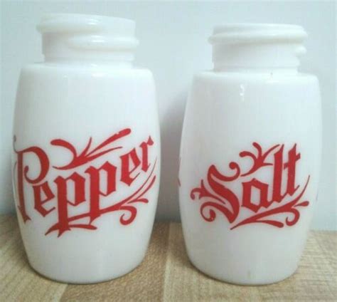 Vintage Gemco Salt Pepper Shakers Milk Glass Old English Fancy Red