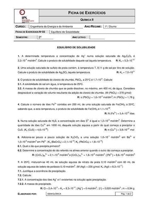 FE3 Equilibrio Solubilidade QII FICHA DE EXERCÍCIOS QUÍMICA II CURSO