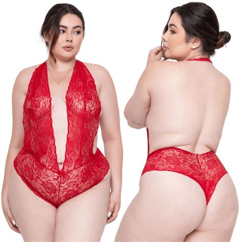 Body Renda Transparente Sensual Plus Size Bore Decote Profundo Feminino Lingerie Moda Intima
