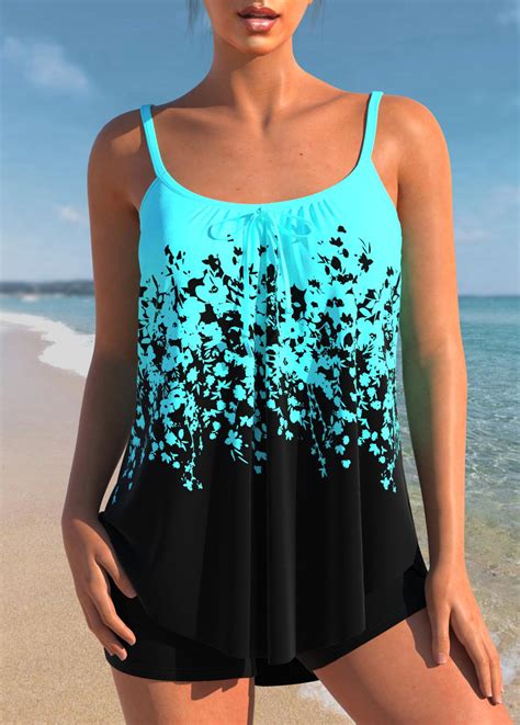 ROTITA Cyan Ombre Bowknot Floral Print Tankini Top Rotita USD