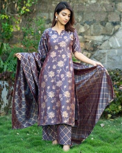 Shop Purple Grey Kurta And Palazzo Set With Checkered Dupatta Set Of Three The Secret Label